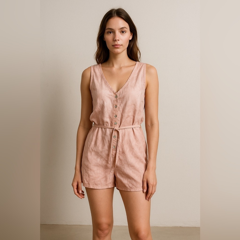 Cloth & Stone Pink Tie Dye Romper M Button Front Tie Waist Boho Anthropologie
